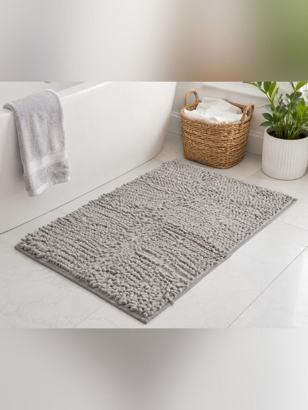 24" x 16" Chenille Microfiber Bath Rug Mat Gray Non Slip Soft Absorbent Bathroom
